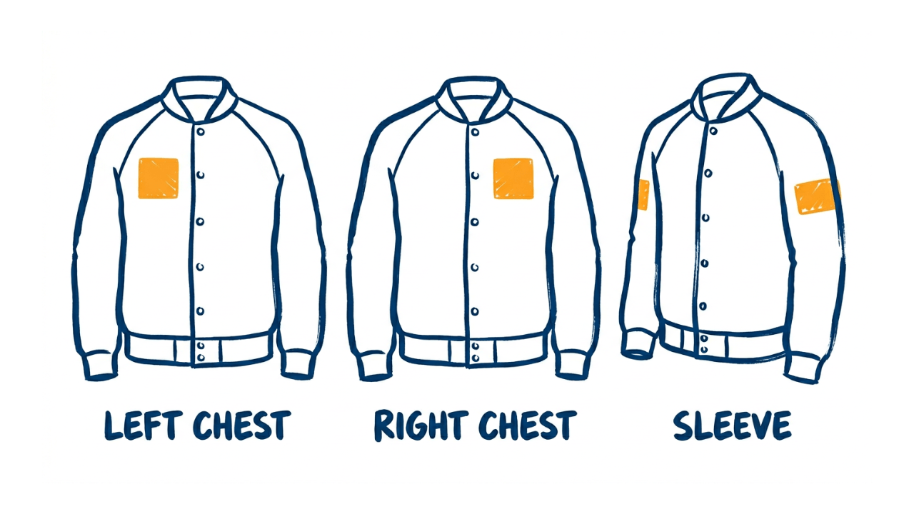 Embroidery placement areas for Pure Cotton Varsity Jacket